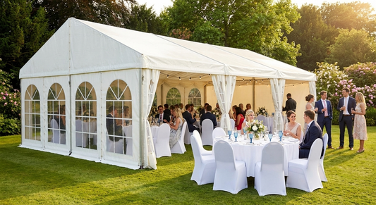 White PVC marquee 6x12m with galvanised steel frame for outdoor events - product detail