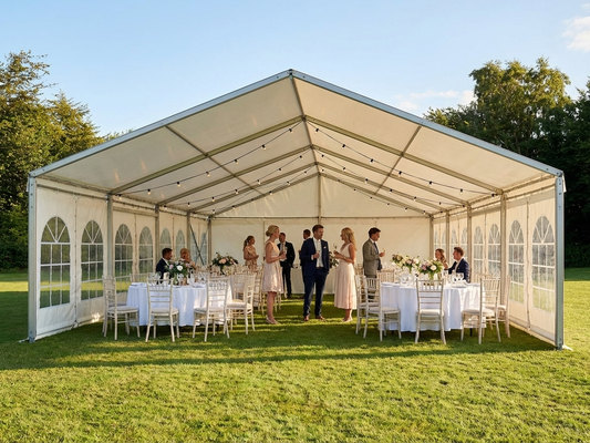 PVC event marquee 9x9 m in white with aluminium frame for outdoor use