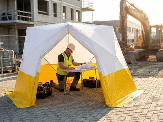 Work tent in white/yellow, made from polyester with PVC, ideal for outdoor use