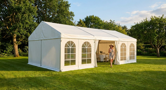 White PVC marquee 6x12m with galvanised steel frame for outdoor events