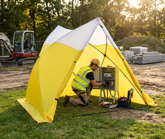 Flame-retardant work tent 1.8x1.9x2m in yellow and white, ideal for industrial use