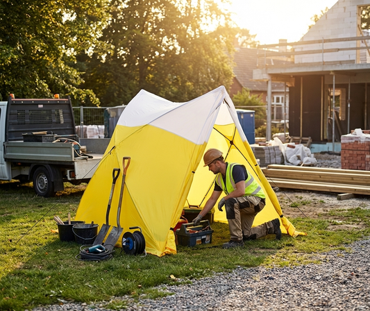 Flame-retardant work tent 1.8x1.9x2m in yellow and white, ideal for industrial use - product detail