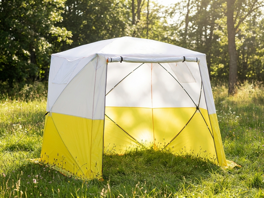 Flame retardant work tent in yellow and white