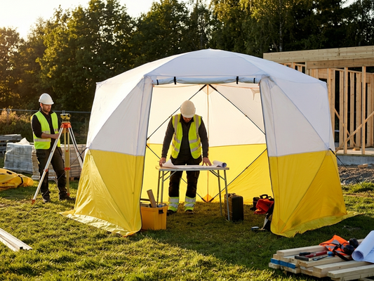 Flame-retardant work tent in yellow and white for outdoor use