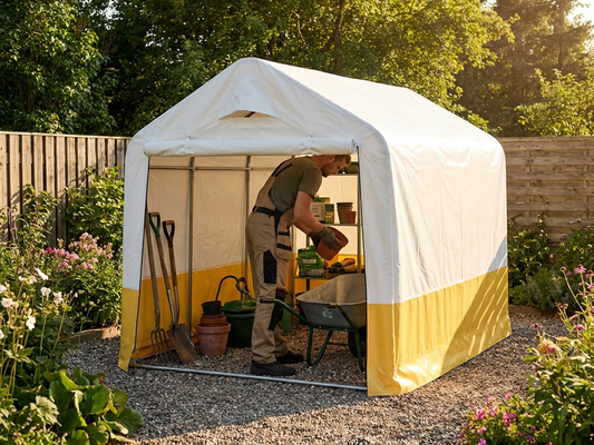 Roof cover for storage tent in white and yellow, strong PVC material