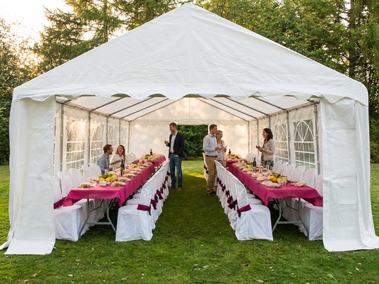 Marquee 6x12m white PE tarpaulin and steel frame for outdoor events