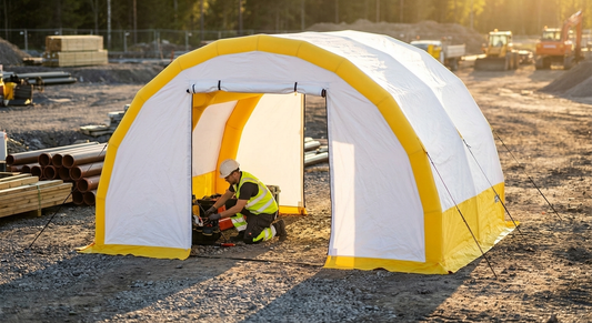 Inflatable work tent in white and yellow, suitable for outdoor use