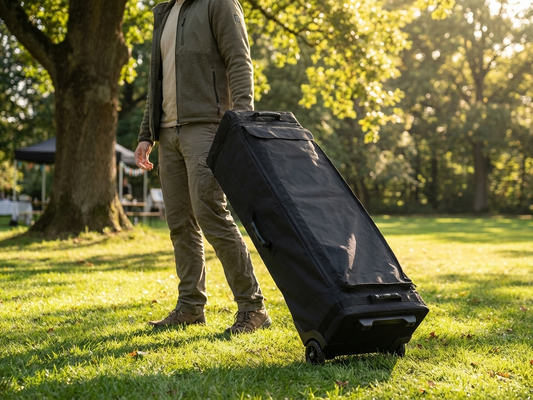 Black carry bag with wheels, 4x6m, made of 600D polyester